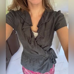 Loft Y2K Cotton and Silk Ruffled Gray Wrap Top